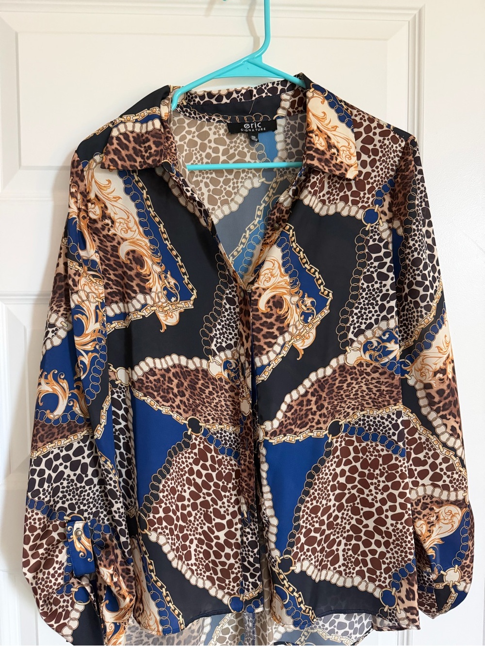 Erica Lyons Blue, Black & Brown Printed Button-Up Blouse